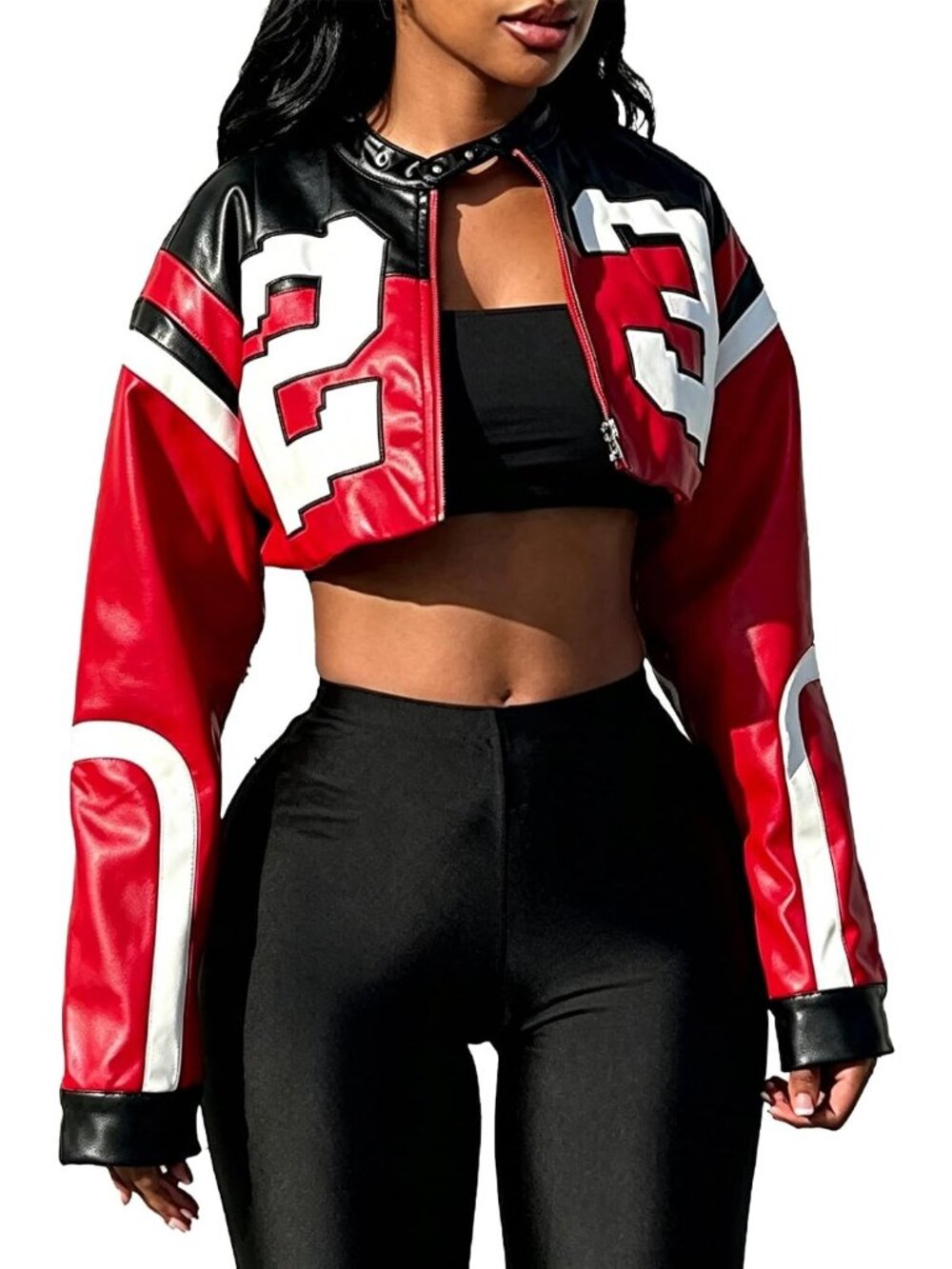 Women's Red Faux Leather Long Sleeve Cropped Streetwear Bomber Jackets